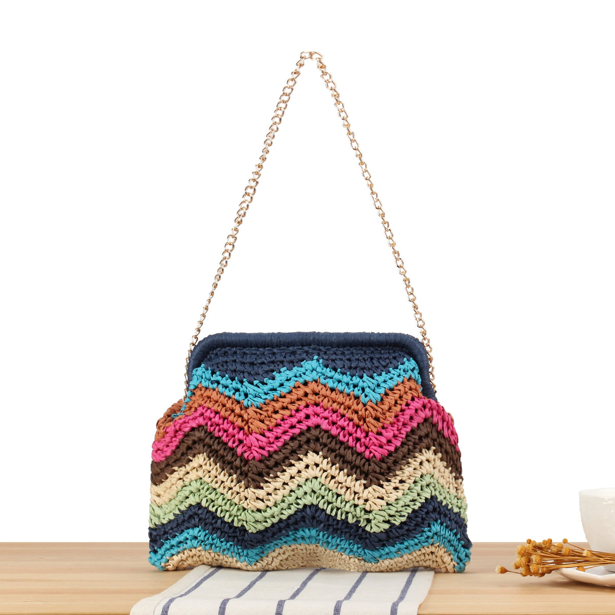 Handcrafted shoulder bag with cheerful wave pattern LoungeYard — product view 5
