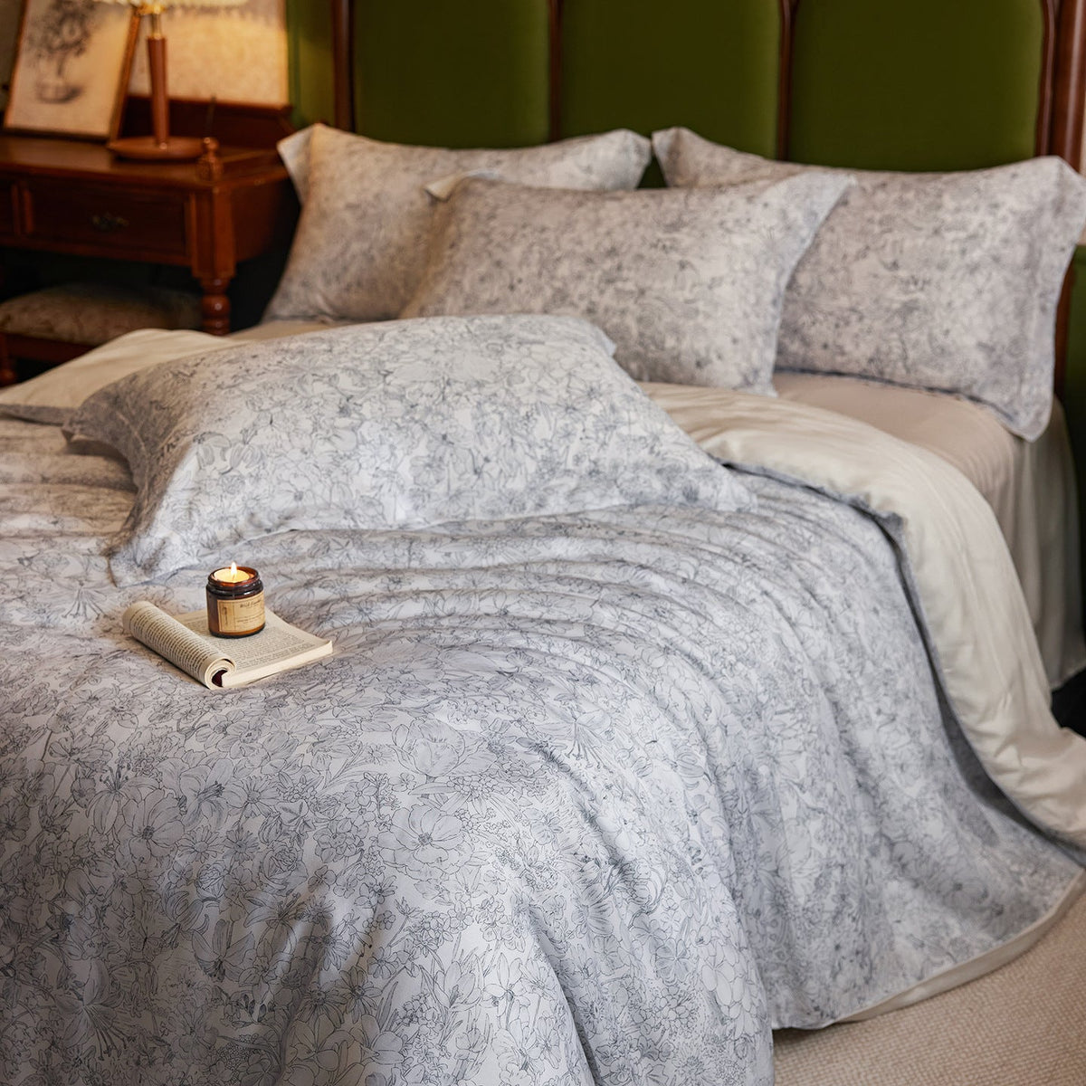 Premium cotton satin bedding set with watercolor wildflower print and extra soft satin finish — product view 1