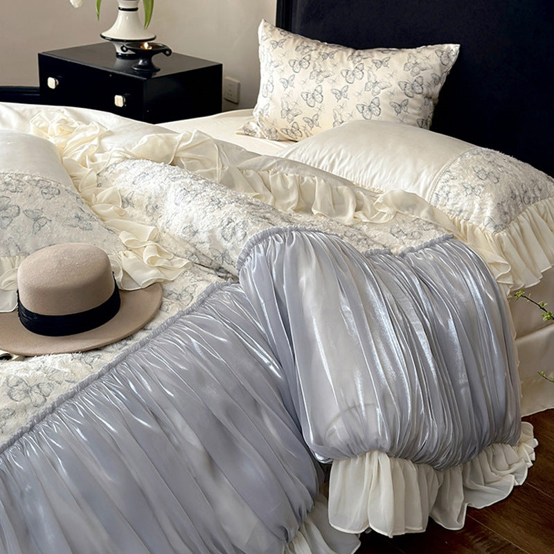 Luxury bedding set with gathered satin decor, floral jacquard duvet & ruffle cushion — product view 4