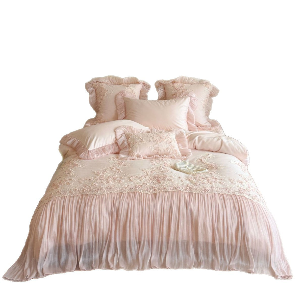 Luxurious romantic bedding set with ruffles, lace appliqué, and 3D floral embroidery — product view 2