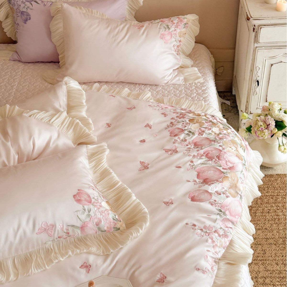 Luxurious embroidered satin bedding set with ruffles and floral details — product view 3