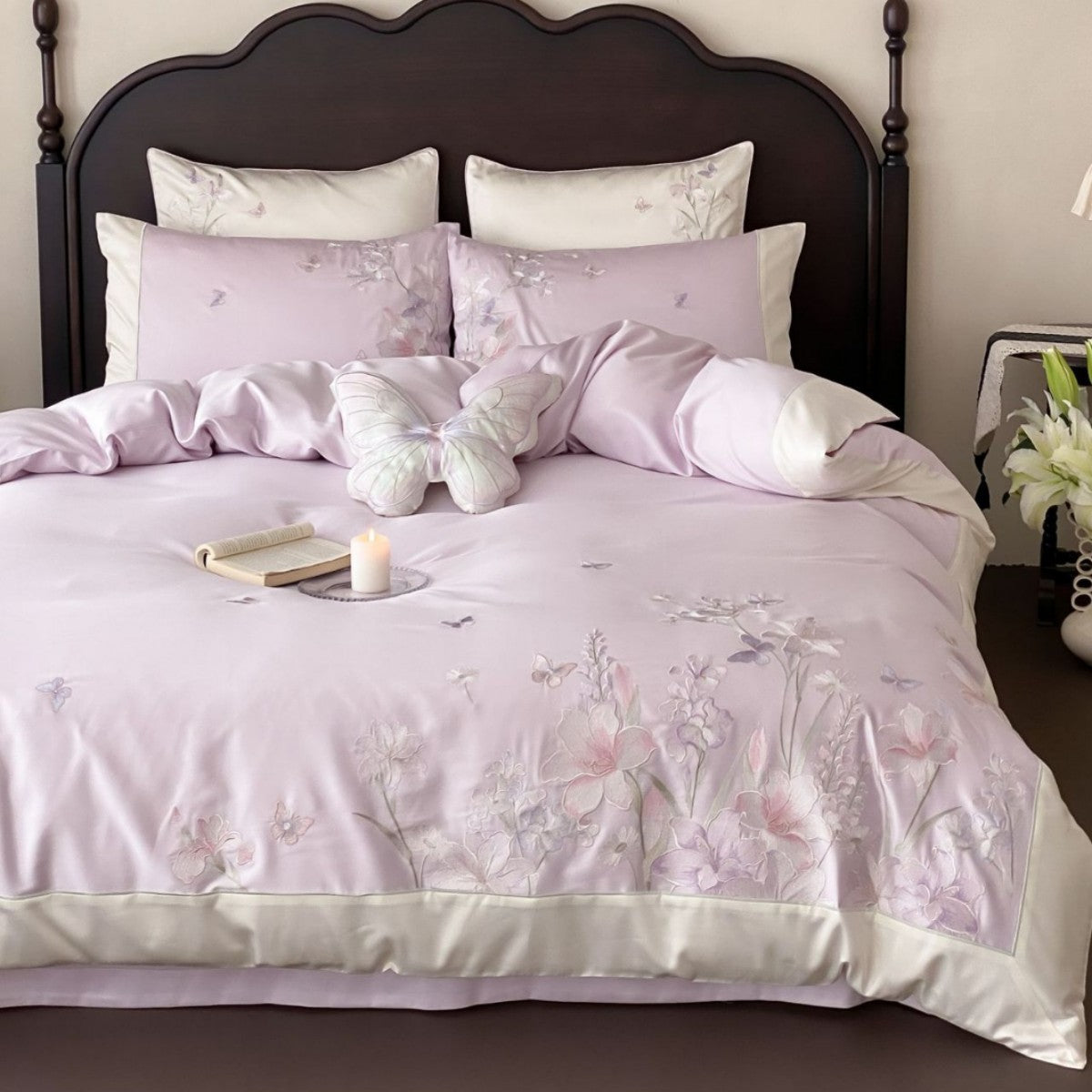 Luxurious satin bedding set with floral embroidery and butterfly appliqué — product view 6