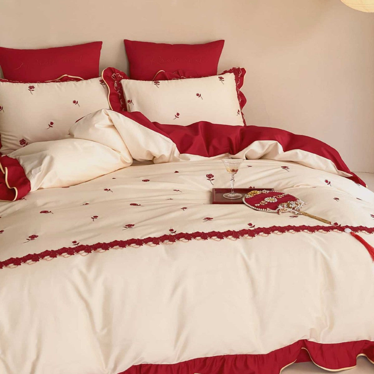 Luxurious cotton satin bedding set with ruffles and decorative seams — product view 1