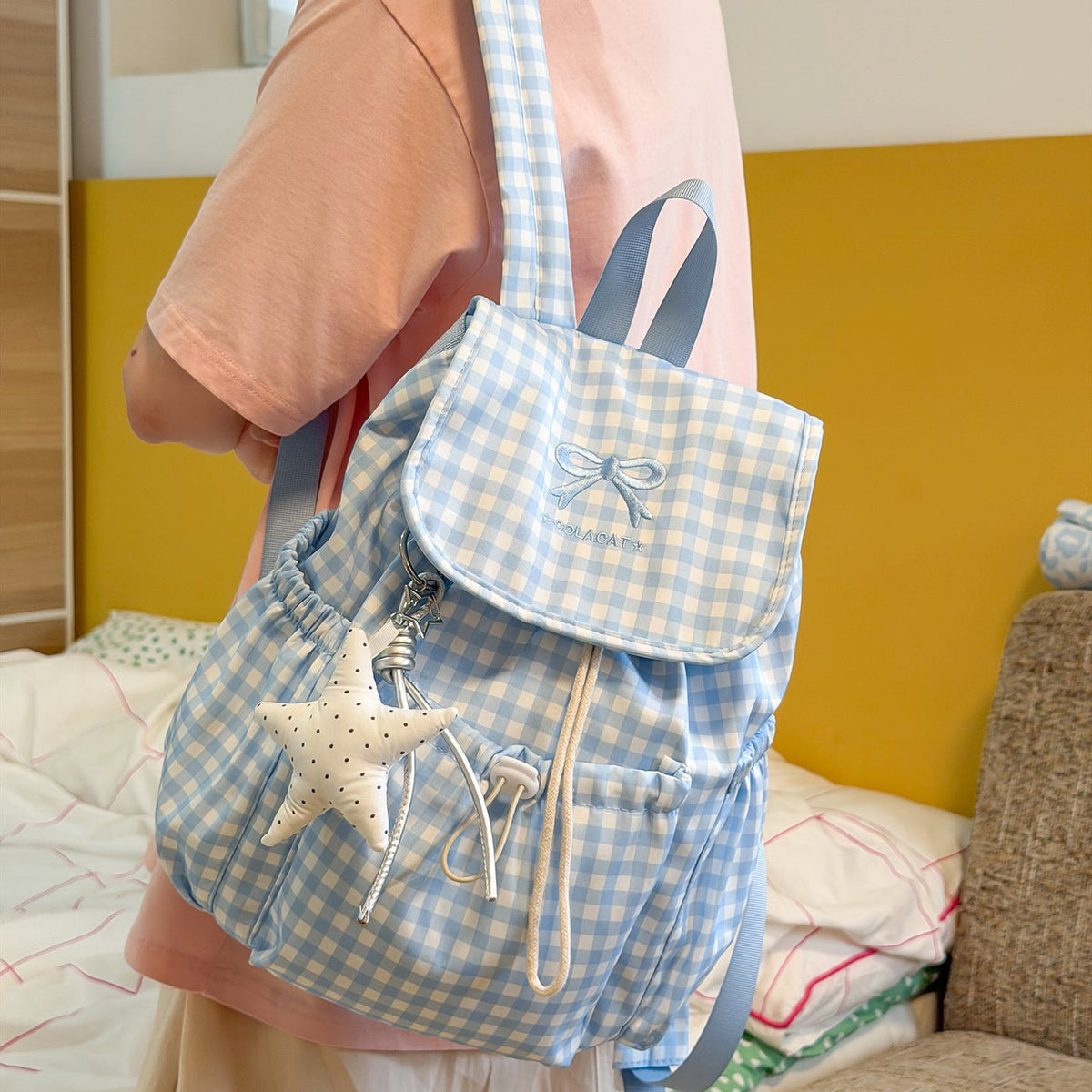 Cute Checked Patterned Drawstring Backpack LoungeYard — product view 1