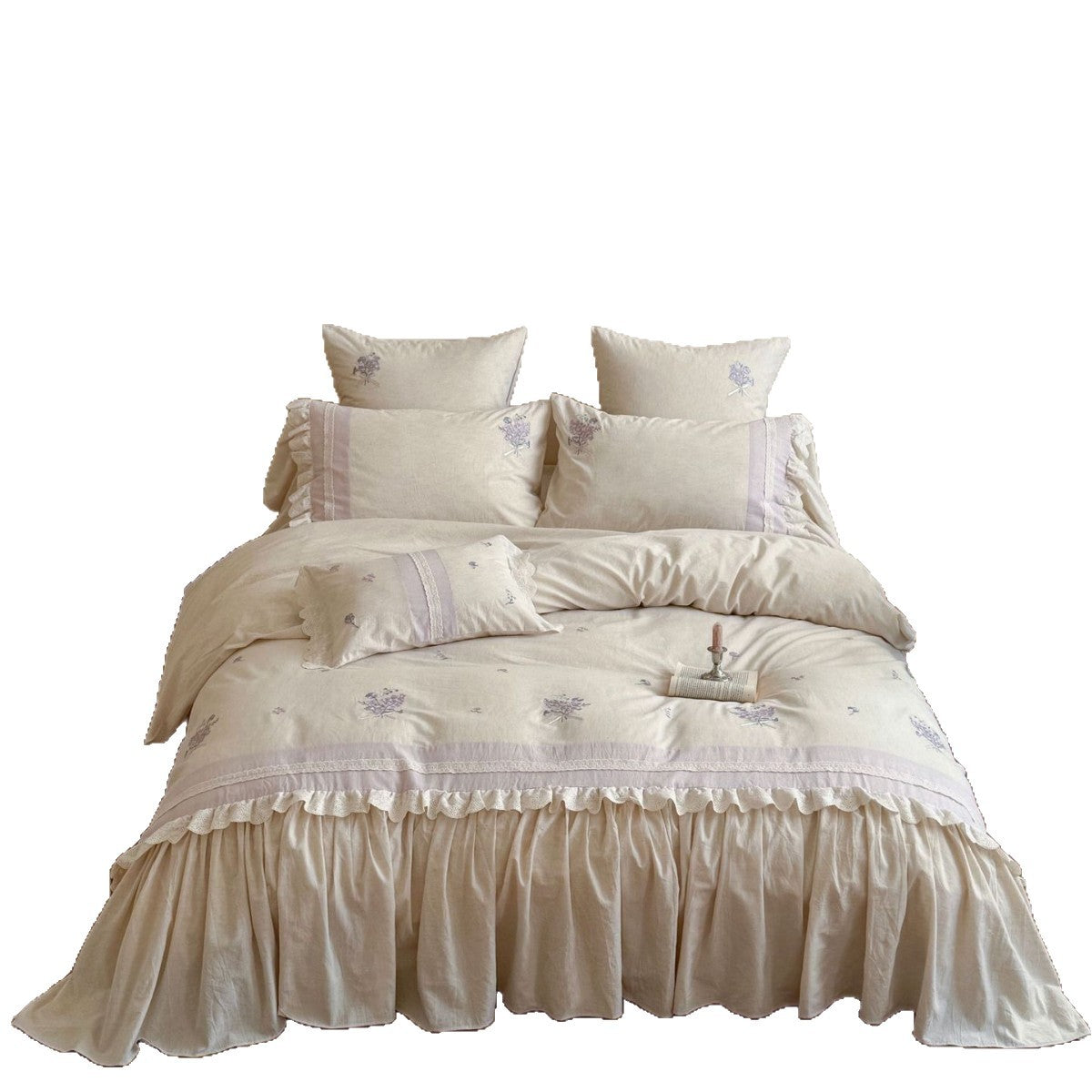 Vintage-inspired bedding set with ruffled bed skirt and delicate floral embroidery — product view 5