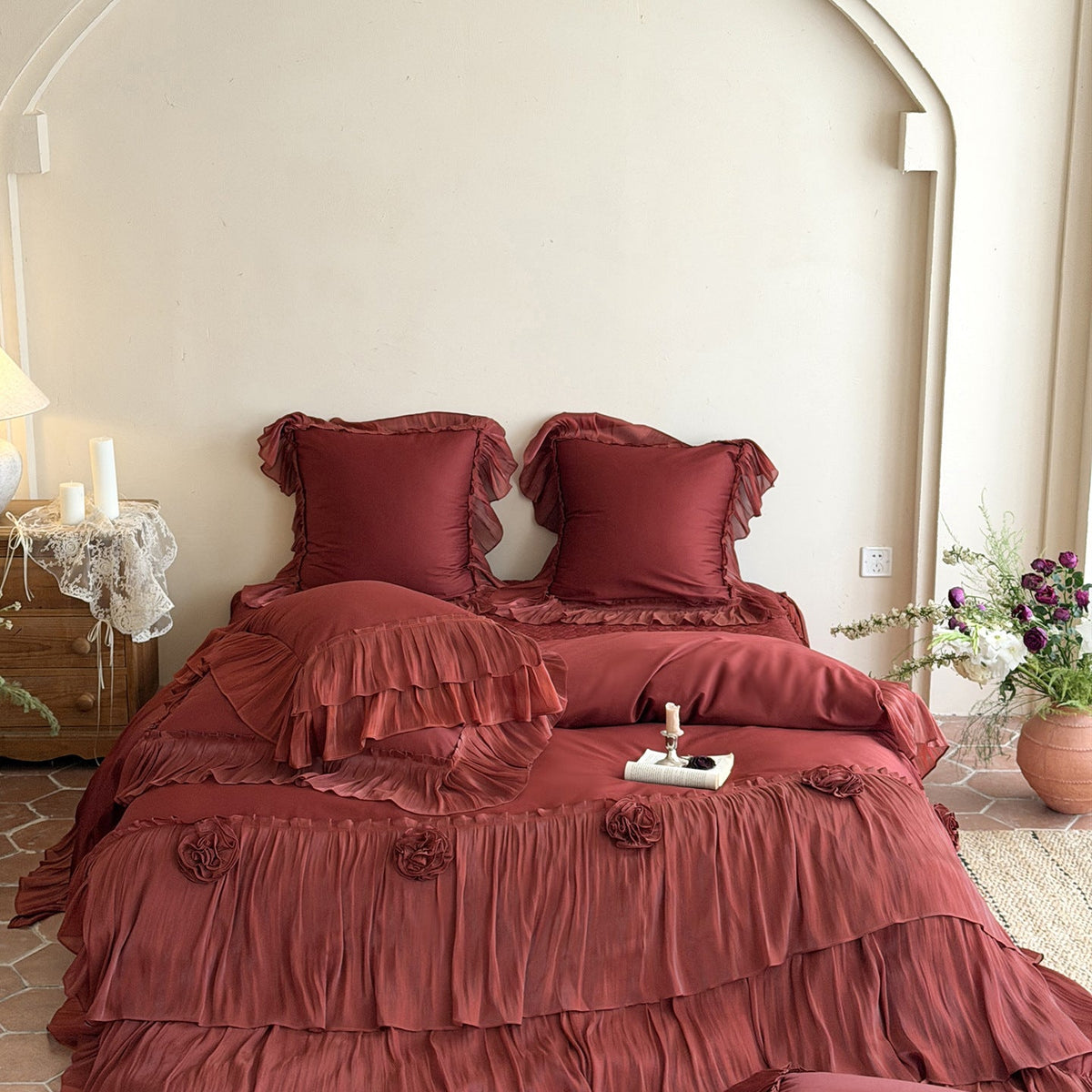 Romantic satin bedding set with layered ruffles and rose appliqués — product view 7