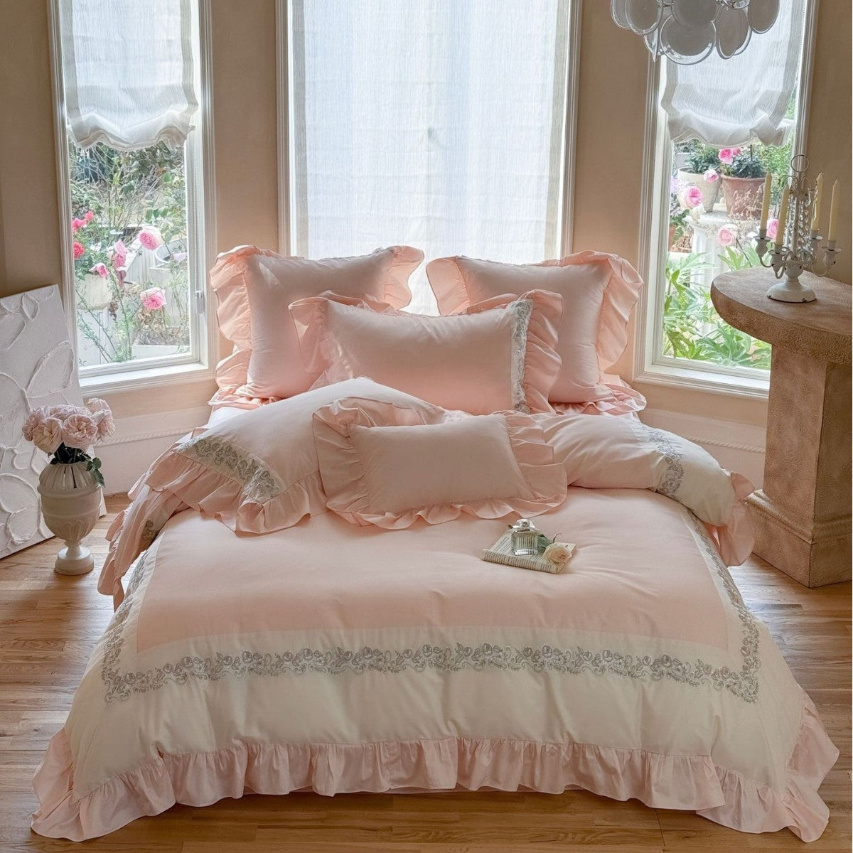 Designer bed linen set with ruffle hem and fine border embroidery — product view 6