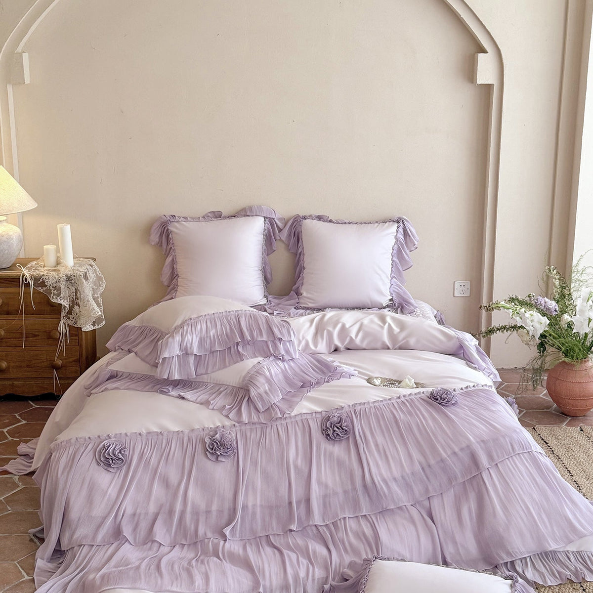 Romantic satin bedding set with layered ruffles and rose appliqués — product view 6