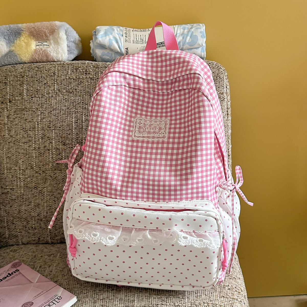 Charming Gingham Print School Backpack LoungeYard — product view 7