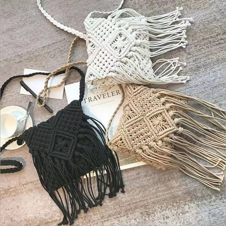 Hand-knotted macrame shoulder bag with fringes LoungeYard — product view 3