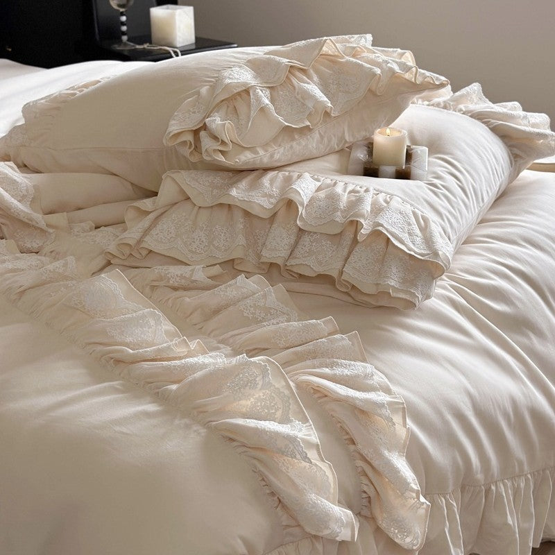 Vintage-inspired bedding set with ruffle trim and lace detailing — product view 2