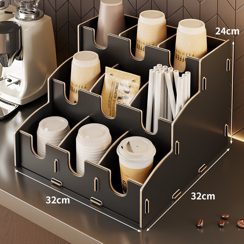 Modular Bamboo Countertop Coffee Station Organizer with Multi-Compartment Cup Lid and Straw Dispensers — product view 4