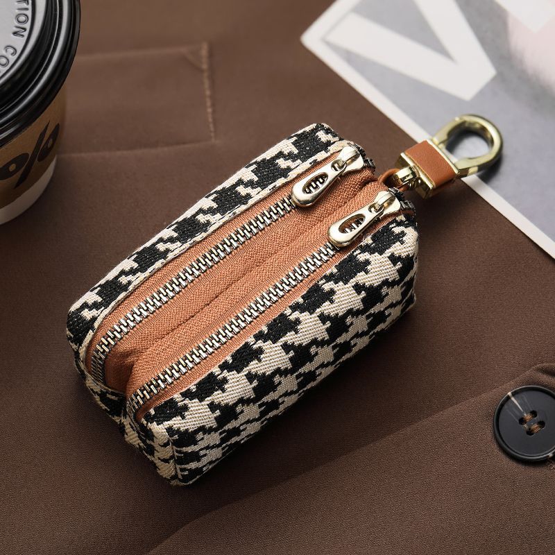 Double-Zippered Houndstooth Pattern Cosmetic Pouch LoungeYard — product view 6
