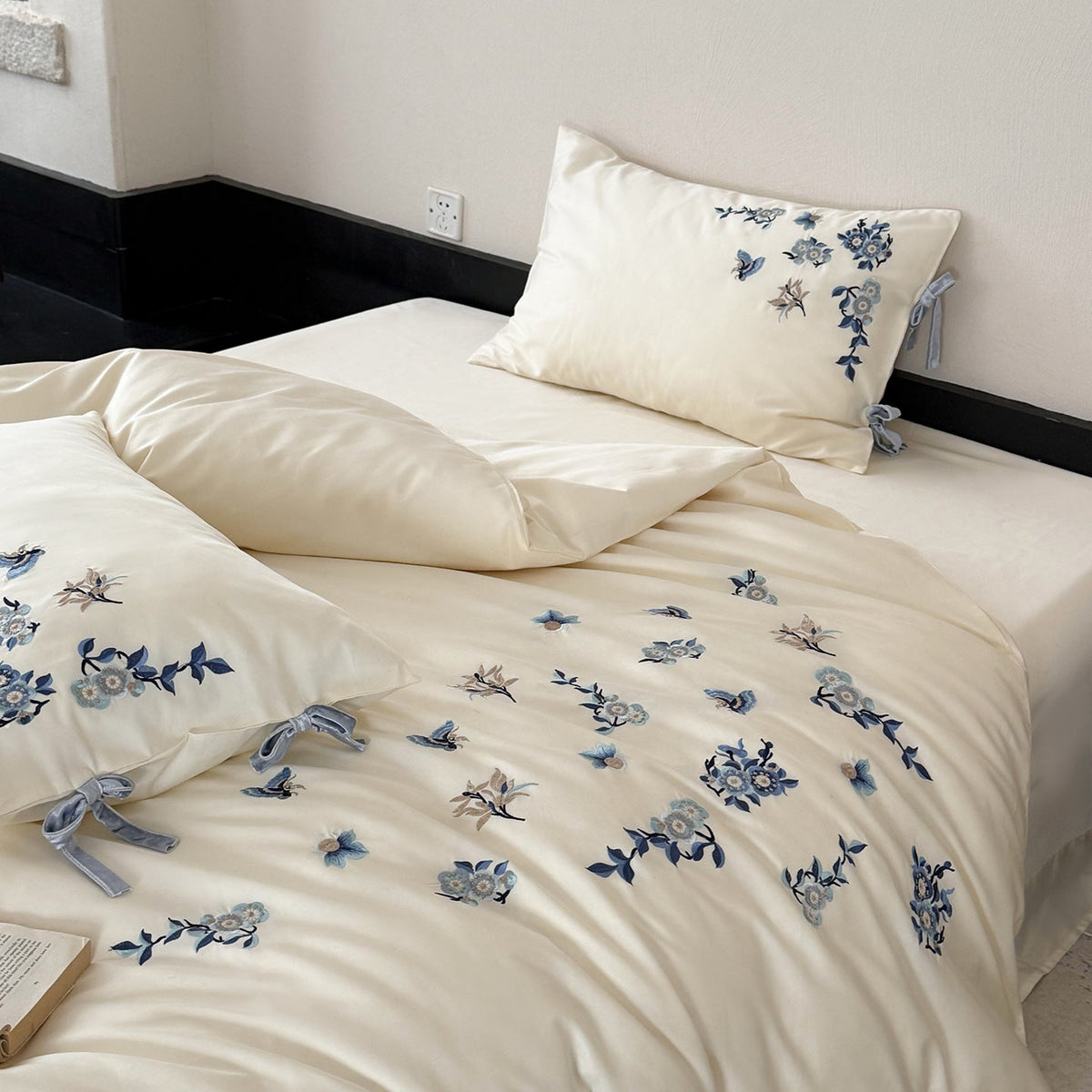 Embroidered satin bedding set with delicate floral details — product view 2