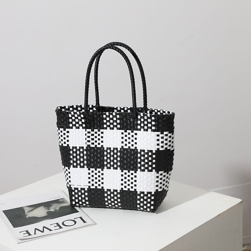 Handmade basket bag in modern check pattern LoungeYard — product view 2