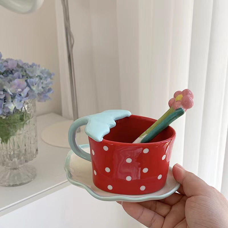 Playful ceramic mug with shaped leaf handle, saucer, and tulip spoon — product view 6