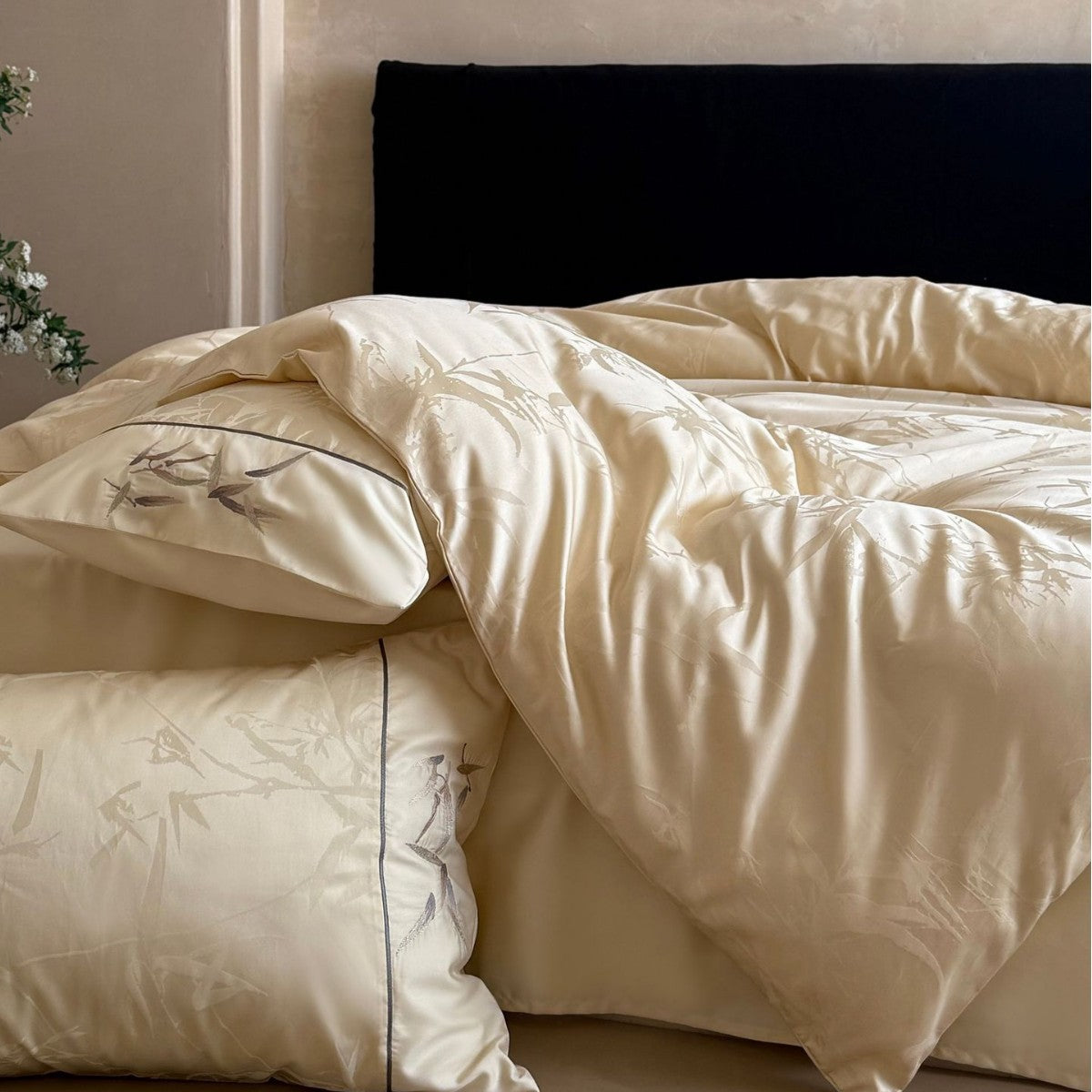 Premium Satin bedding set with subtle jacquard leaf pattern and silky finish — product view 4