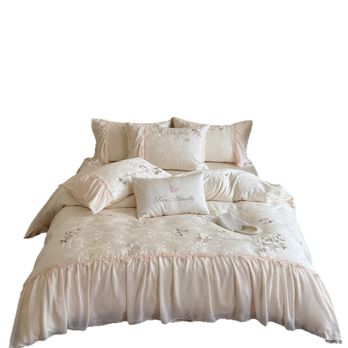 Romantic satin bedding set with embroidered floral design, ruffle and pillowcases — product view 5