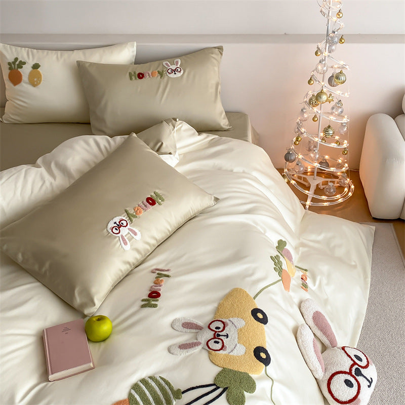 Children's bedding set made of cotton satin with embroidered rabbit and vegetable appliqués — product view 1
