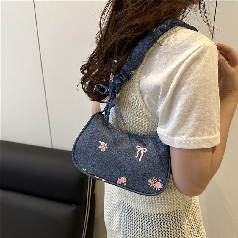 Embroidered Denim Shoulder Bag LoungeYard — product view 2