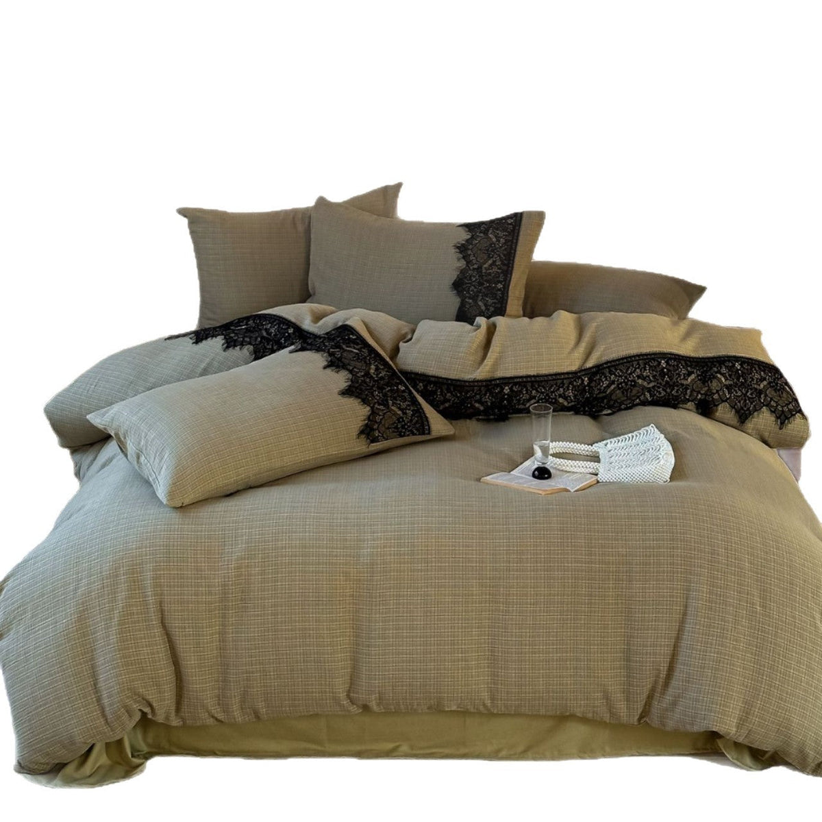 Bedding set in linen look with fine grid structure and decorative lace edge — product view 5