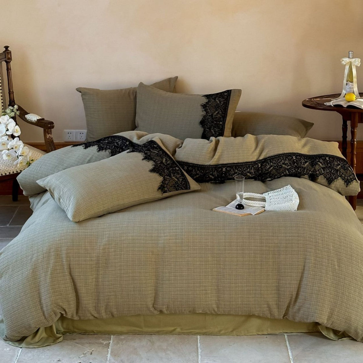 Bedding set in linen look with fine grid structure and decorative lace edge — product view 6