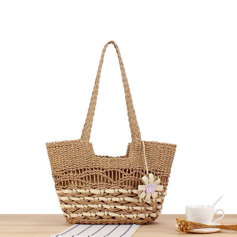 Handmade straw tote bag with unique flower design LoungeYard — product view 6