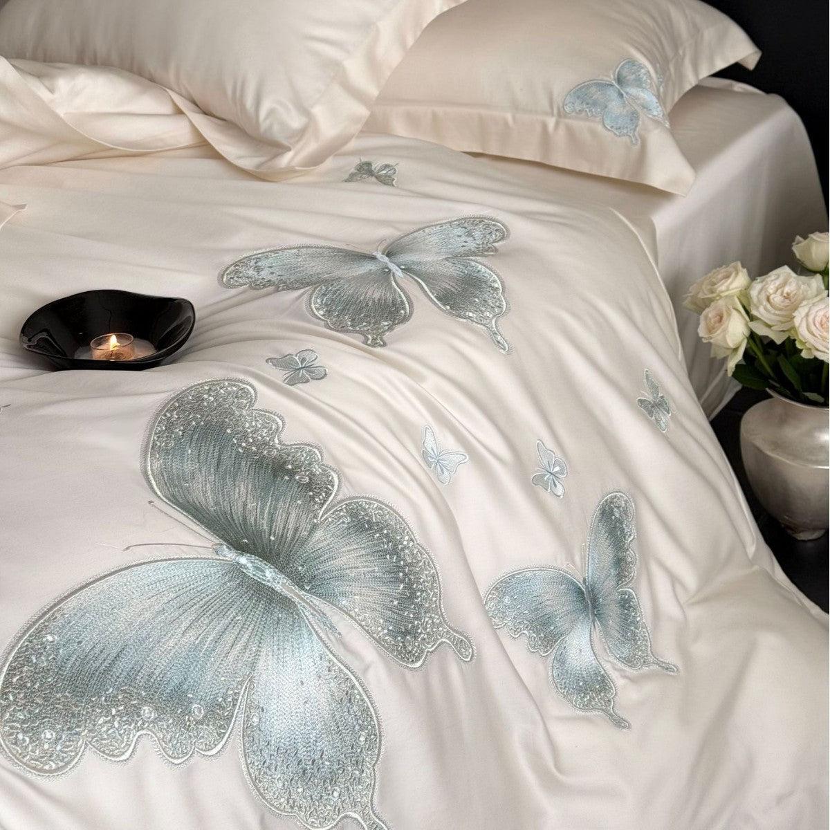 Elegant satin bed linen set with tonal butterfly embroidery — product view 1