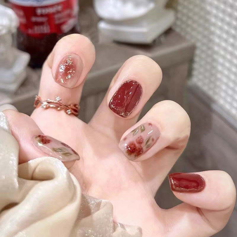 Floral-Design Press-On Nail Set with Gem Accents — product view 1