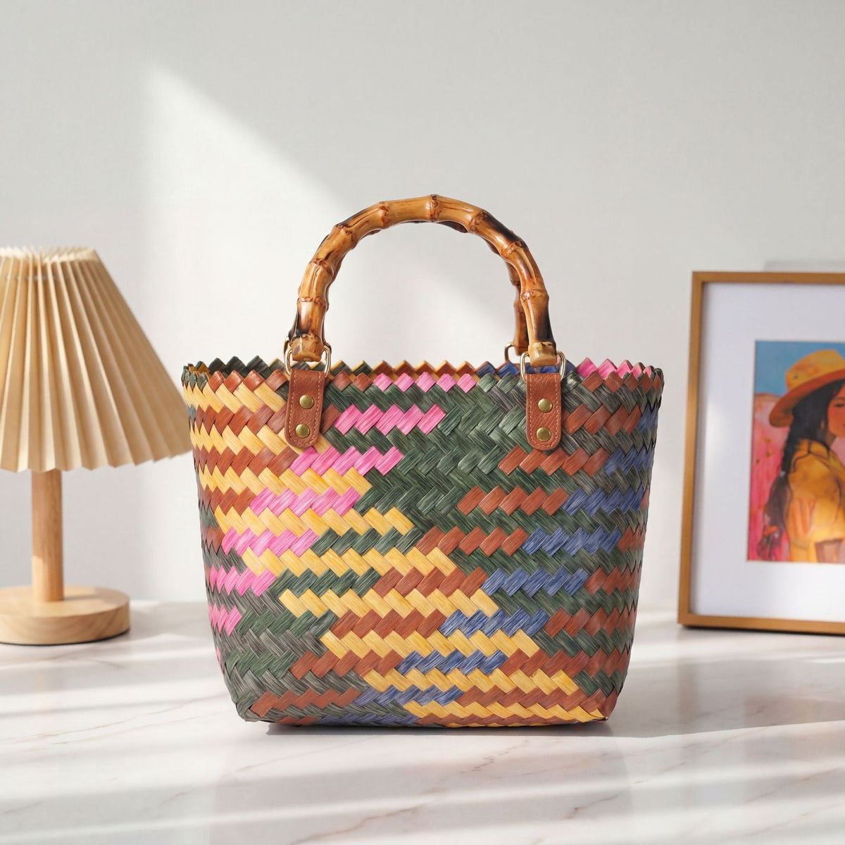 Handwoven tote bag with bamboo handles LoungeYard — product view 1