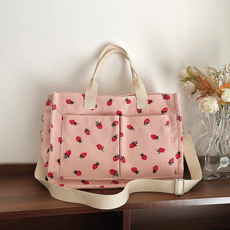 WoStylish Multi-Pocket Strawberry Print Canvas Tote Bag LoungeYard — product view 1
