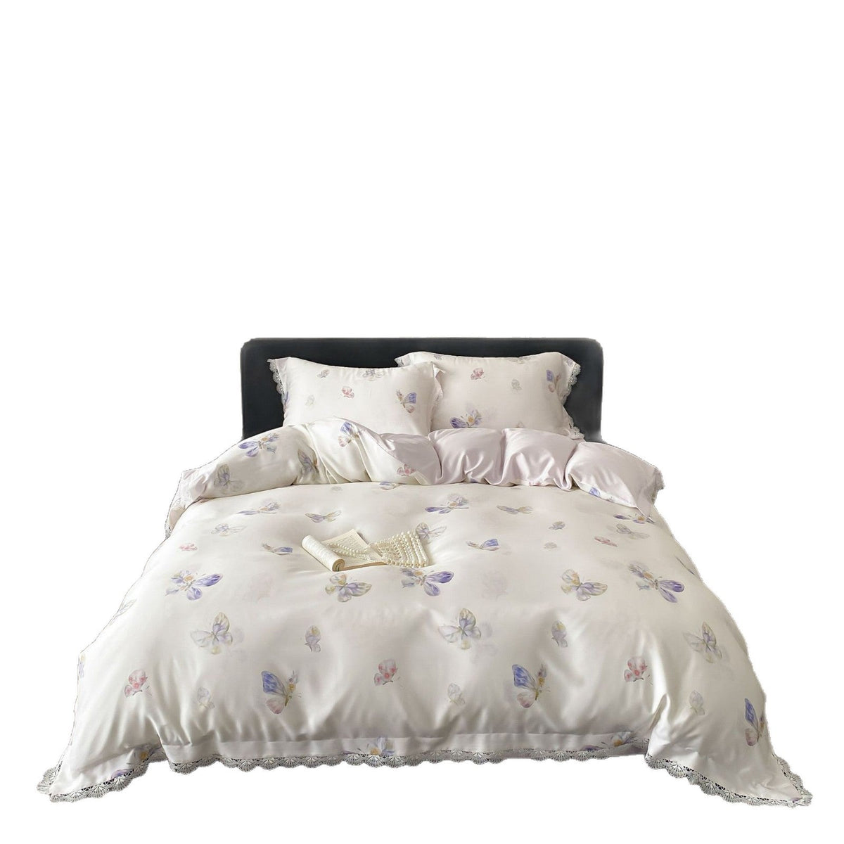 Luxury Satin Bed Linen Set with Floral Silk Look and Lace Trim — product view 2