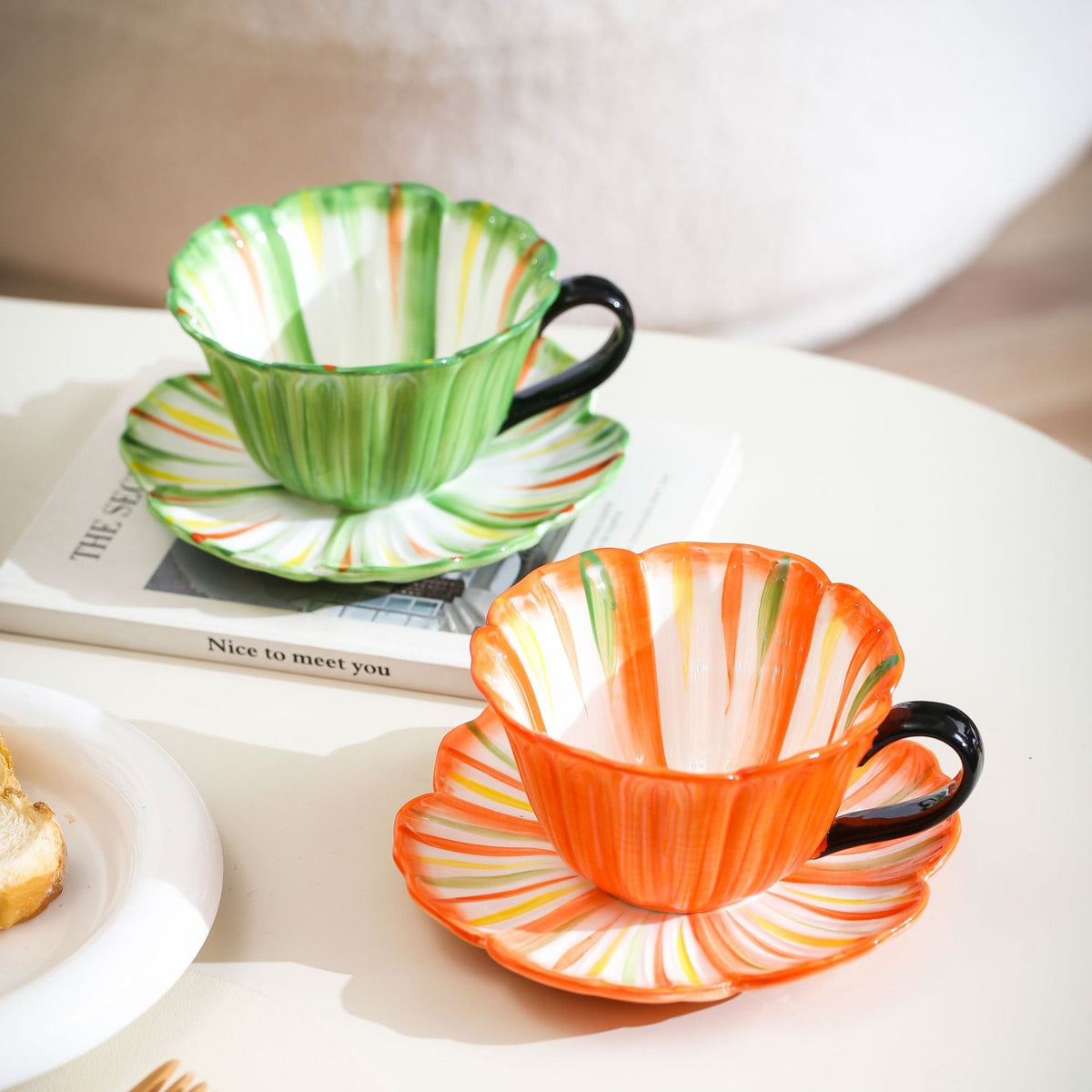 Handcrafted ceramic mug with shell-shaped wave edge and contrasting handle — product view 2