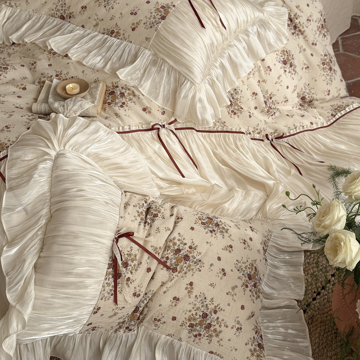 Bedding set with pleated satin bed skirt and vintage floral print — product view 4