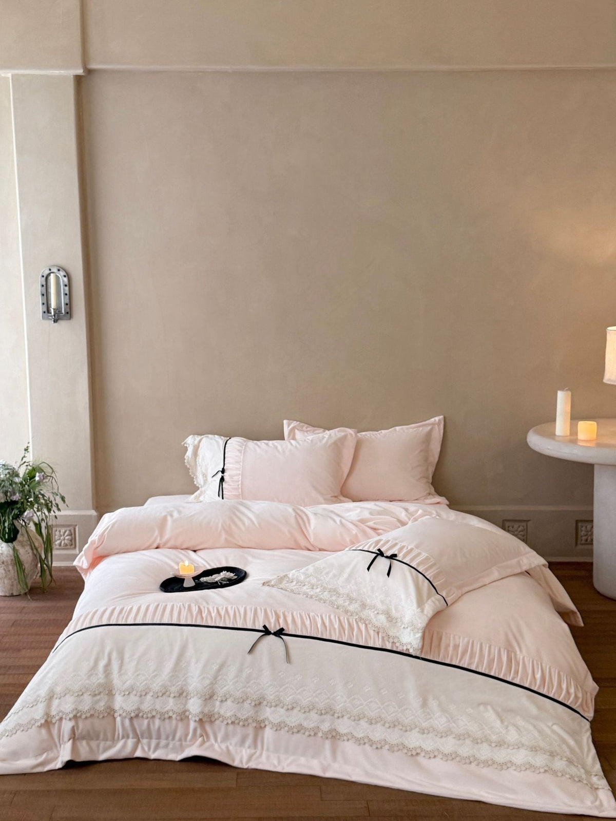 Romantic cotton satin bed linen set with ruffled hem, lace trim and decorative ribbons LoungeYard — product view 6