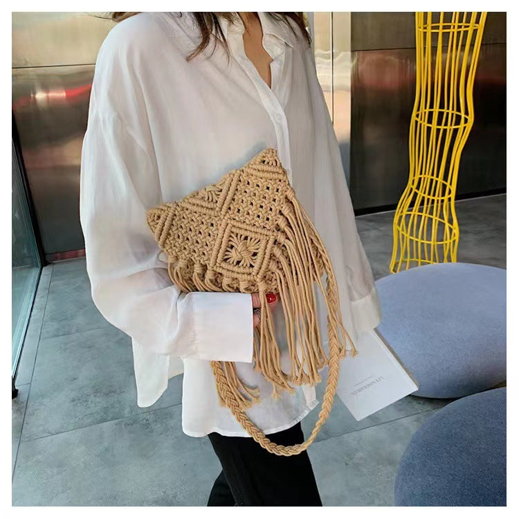 Hand-knotted macrame shoulder bag with fringes LoungeYard — product view 2