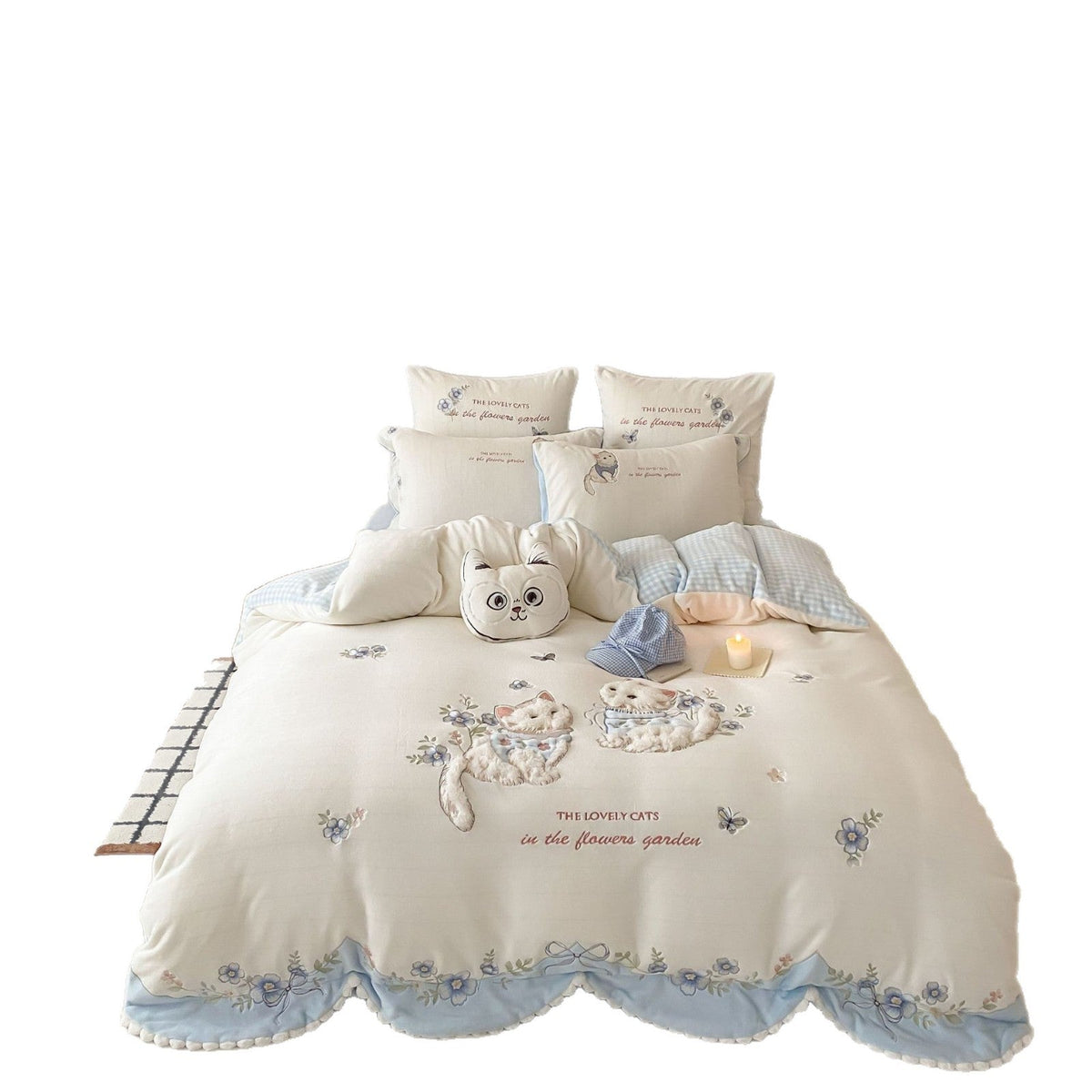 Delicate embroidered cotton bedding set with 3D cat applique and ruffle LoungeYard — product view 5