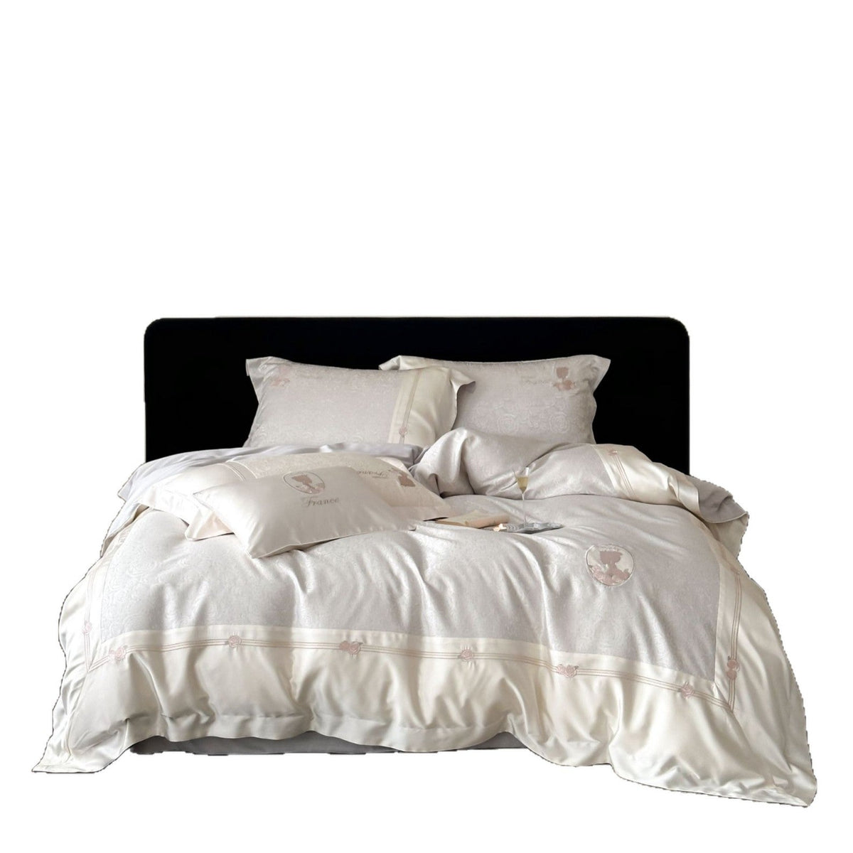 Luxurious cotton satin bed linen set with jacquard rose pattern and embroidered silhouette applications — product view 4