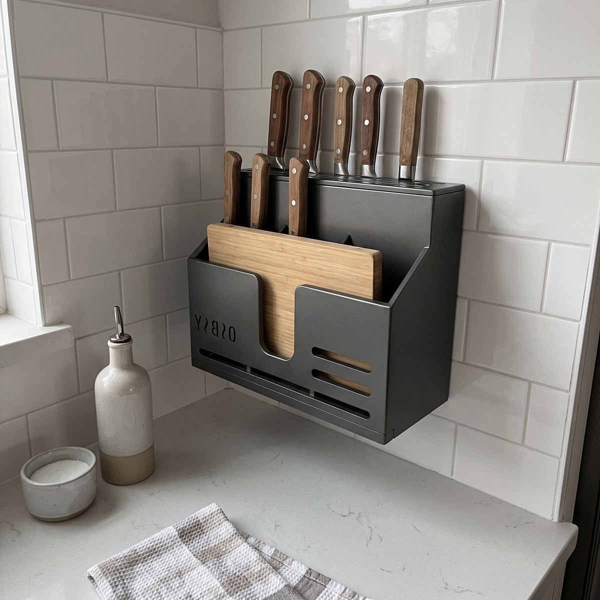 Wall-Mounted Stainless Steel Kitchen Knife and Cutlery Organizer with Drainage and Multi-Compartment Storage — product view 1