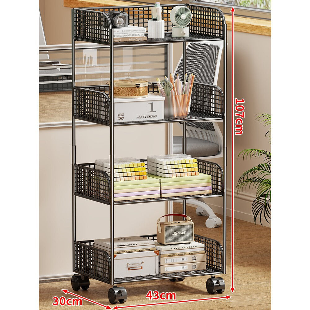Narrow Vertical Wire-Mesh Utility Cart with Four Deep Basket Shelves and Locking Caster Wheels — product view 6