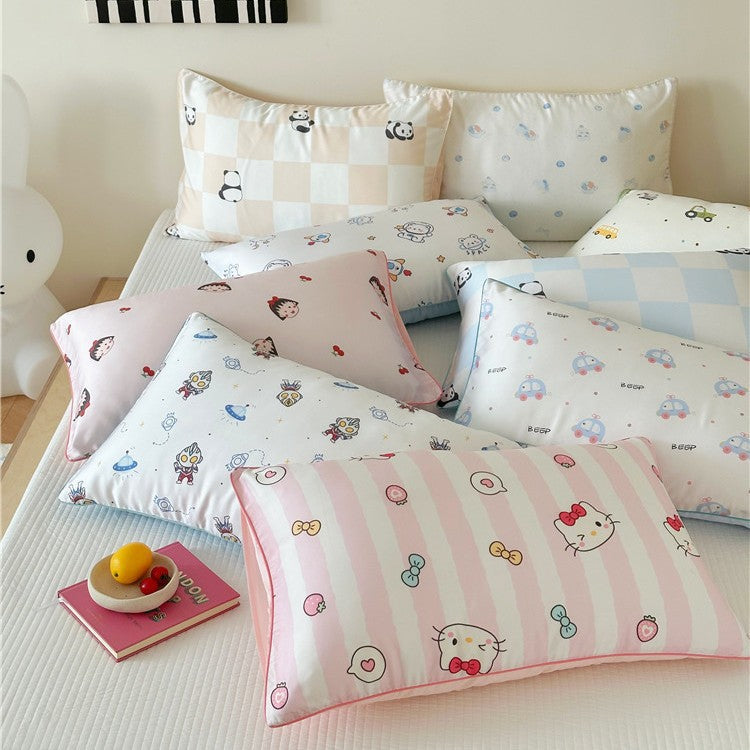 Children's pillowcase set made of cotton satin with panda print and checked design LoungeYard — product view 2