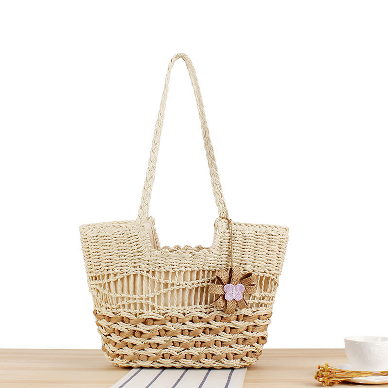 Handmade straw tote bag with unique flower design LoungeYard — product view 5