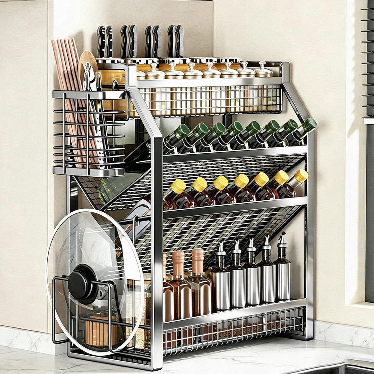 Three-Tier Mesh Countertop Kitchen Organizer Rack for Bottles and Spices — product view 1