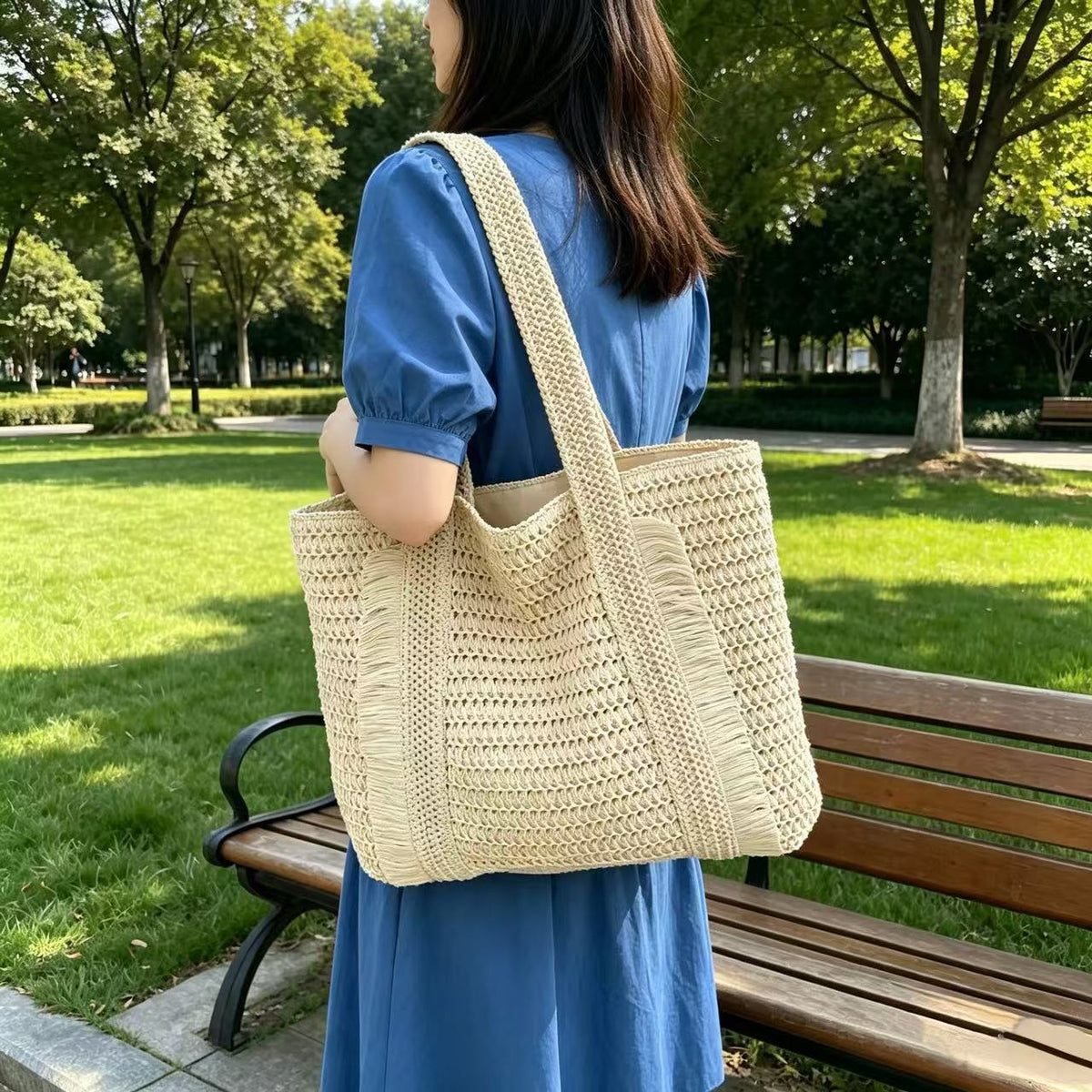 Woven Natural Material Beach Bag LoungeYard — product view 2