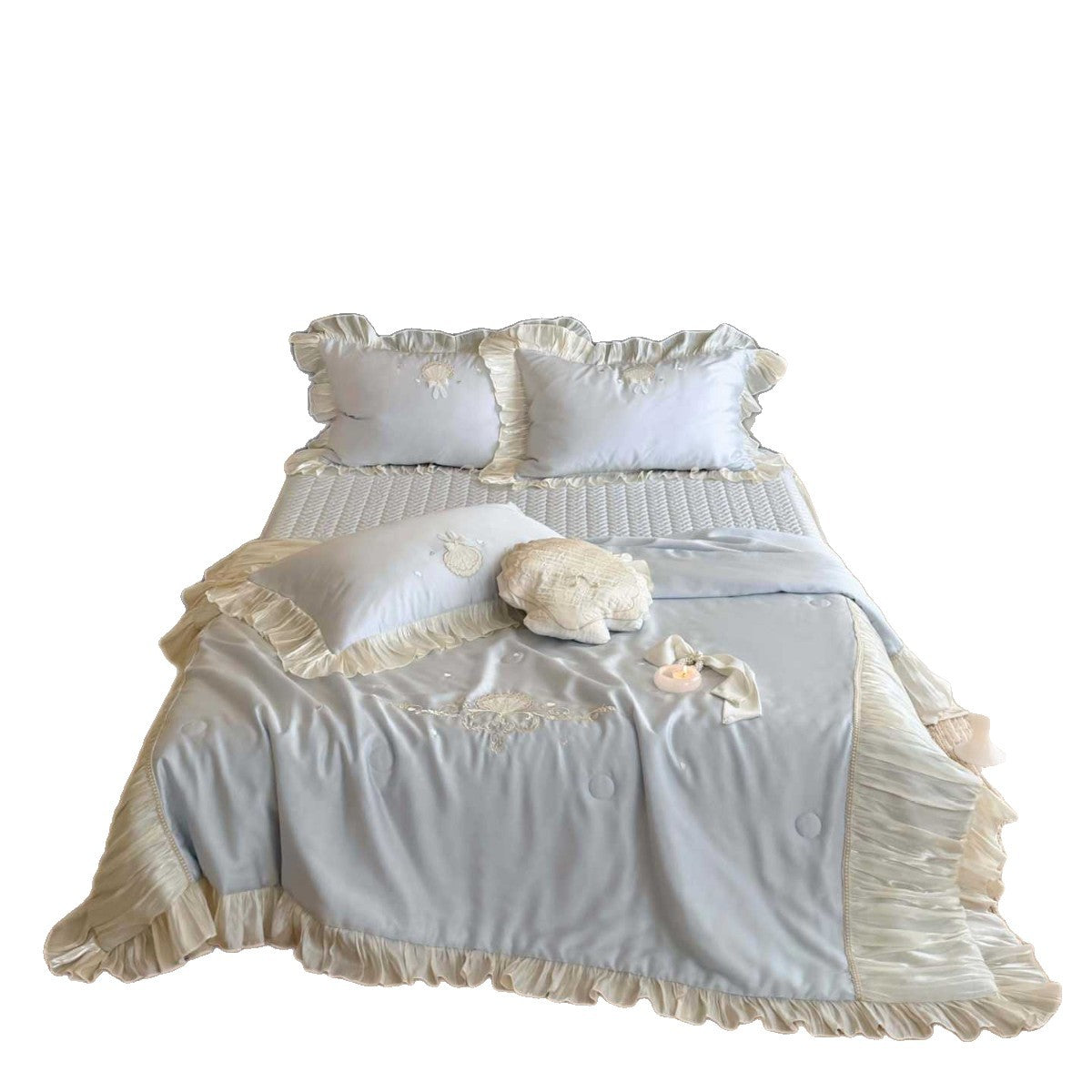 Romantic bedspread set with pleated ruffles, fine embroidery and decorative pillows — product view 5