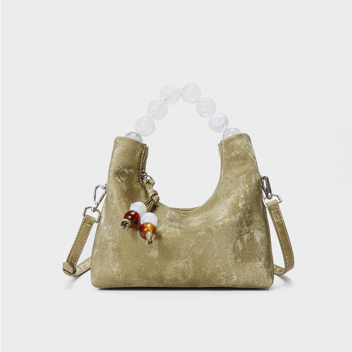 Suede Crescent Shoulder Bag with Acrylic Bead Top Handle & Detachable Crossbody Strap — product view 1