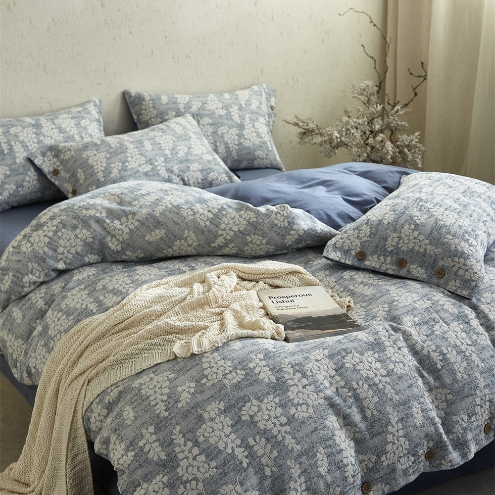 Bedding set – cotton-linen mix with fine flower relief and button placket — product view 1
