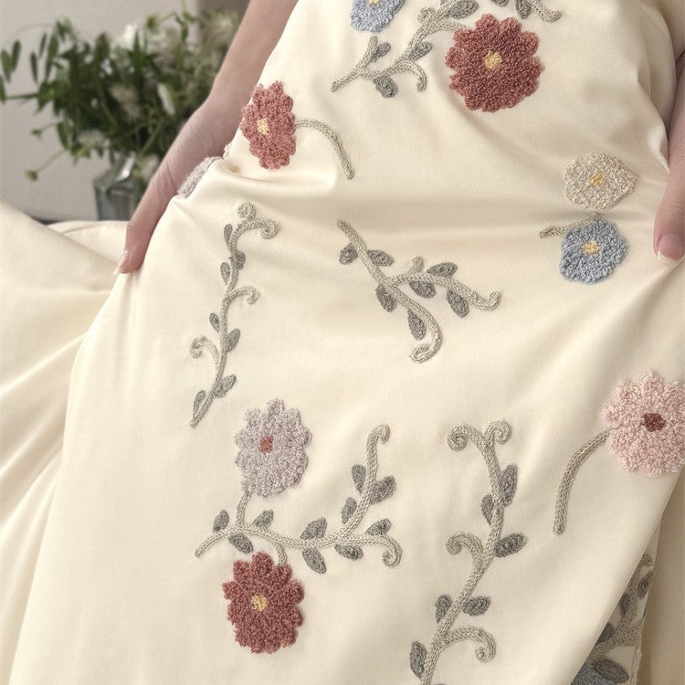 Luxurious satin bedding set with floral embroidery and pillowcases LoungeYard — product view 4