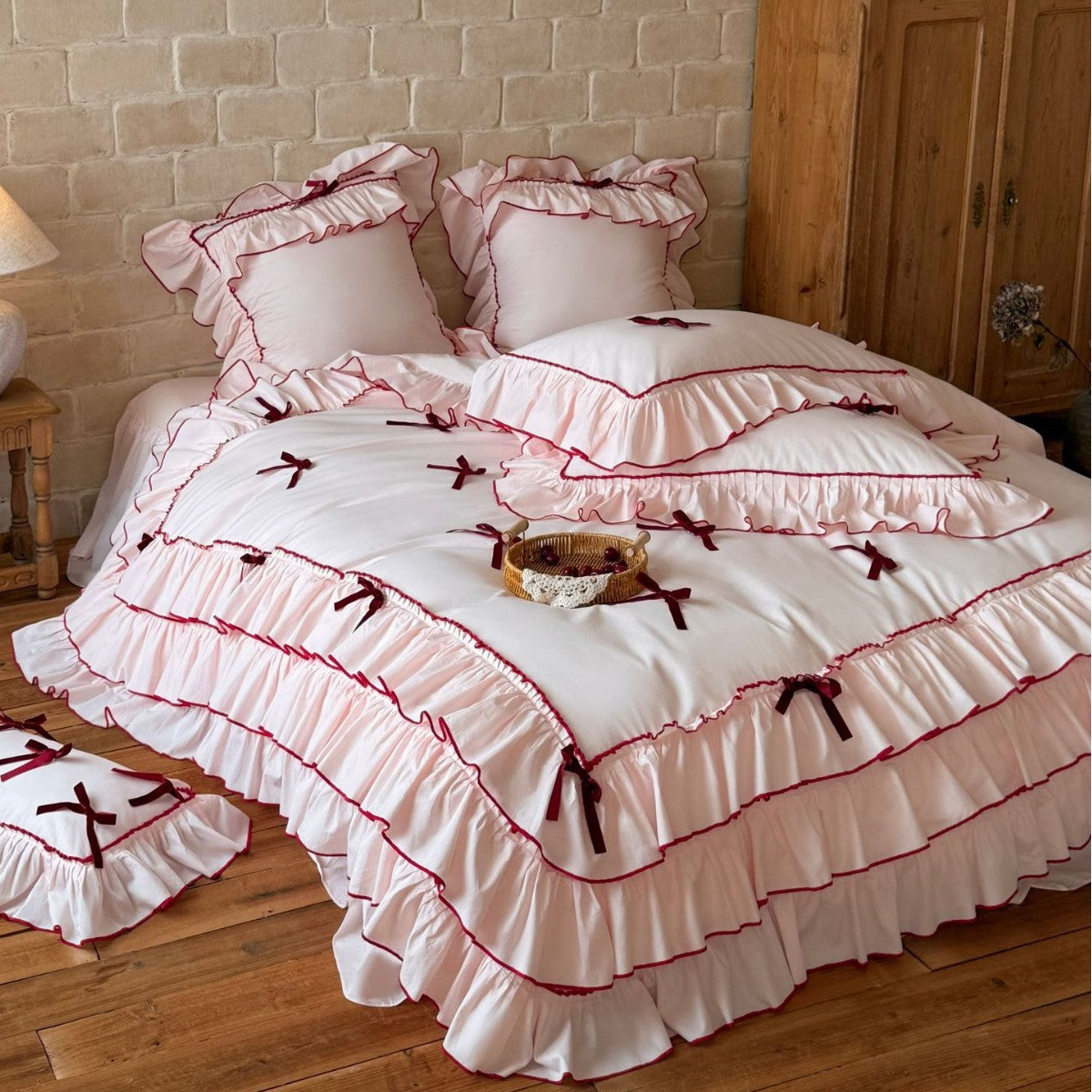 Romantic bedding set with ruffles, frills, and decorative bows — product view 3