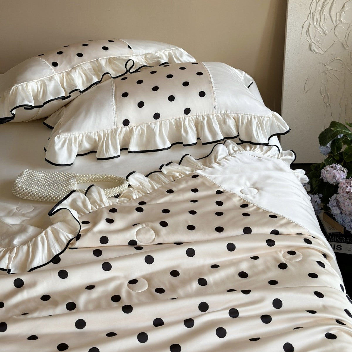 Elegant satin bedding set with polka dot pattern, ruffle and contrasting edge piping — product view 4